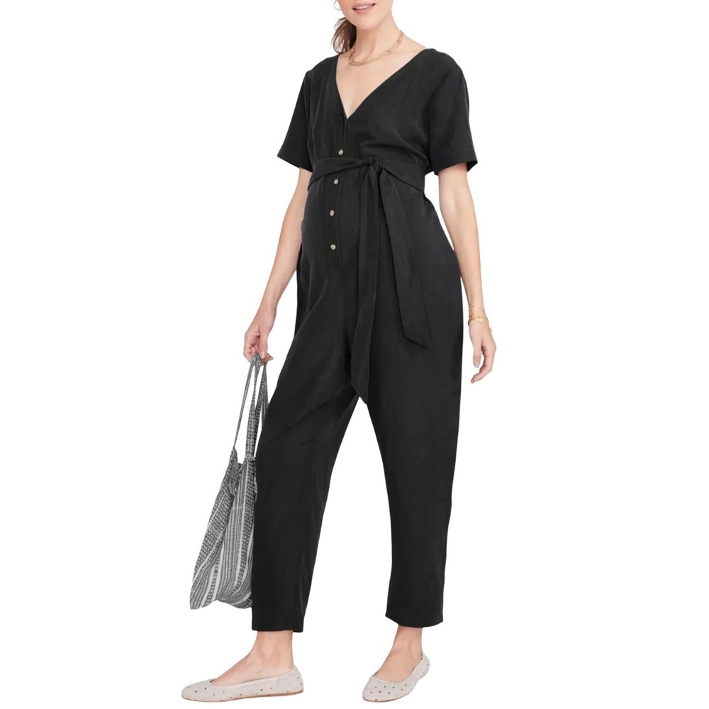 NWT Hatch The Noelle Maternity Nursing Friendly Jumpsuit Black Linen Blend Small